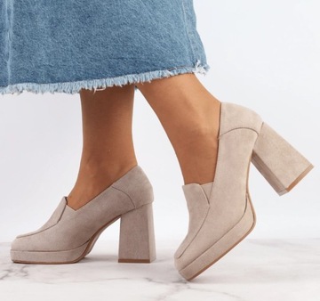 Beżowe buty damskie lordsy na obcasie klocku i platformie r.40