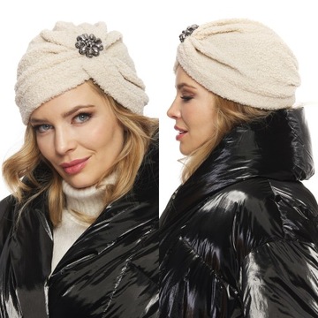TURBAN CZAPKA DZIANINA POLAROWA kryształki beż