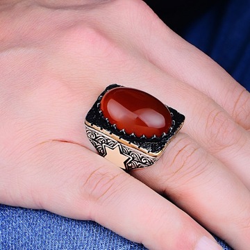 Impressive Natural Red Agate 925K Men's Ring - Turkish Handcrafted