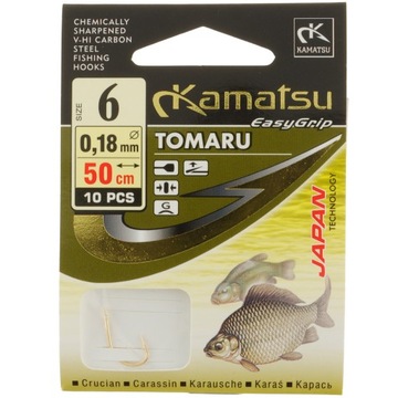 Haczyki Kamatsu TOMARU nr 6 Gold z przyponem 50 cm 10 sztuk lin karaś