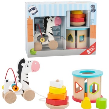 DREWNIANY SORTER PIRAMIDA KLOCKI ZEBRA ZESTAW 3W1