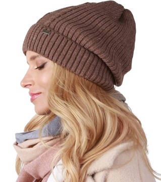 Brązowa elegancka kobieca CZAPKA krasnal beanie A5
