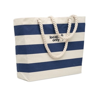 DUŻA TORBA PLAŻOWA W PASKI BAWEŁNIANA 220G 55x15x39cm - granatowy