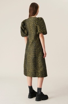 GANNI 38 M Leopard Print Crispy Jacquard Puff-sleeve Midi Dress In Green