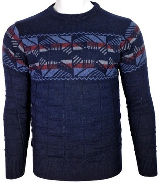 Sweter męski wełniany we wzory W375 ciepły granatowy r. XL