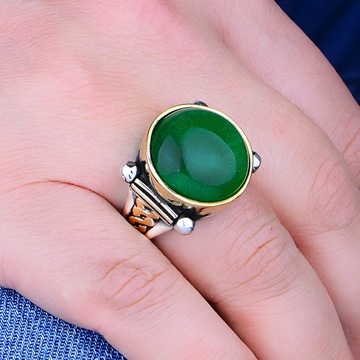 Jade Stone Silver Men's Ring - Luxurious Ottoman Design