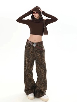 Woman Vintage Leopard Jeans 2024 Y2k Spring Autumn