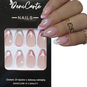 PAZNOKCIE SZTUCZNE TIPSY ALMOND BROKATOWY FRENCH RÓŻOWY SAMOPRZYLEPNE 24SZT