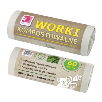 Bratek, kompostowalne worki na śmieci, 100% skrobi kukurydzy, 60l, 10 sztuk