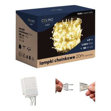 LAMPKI CHOINKOWE ZEWNĘTRZNE / WEWNĘTRZNE 188LED 20m CIEPŁY BIAŁY DRUCIKI