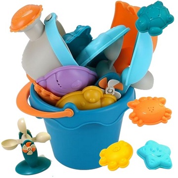 ZESTAW DO PIASKU MIĘKKIE ZABAWKI WIADERKO FOREMKI NARZĘDZIA KONEWKA MŁYNEK