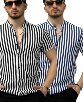KOSZULA MĘSKA W PASY PASKI STÓJKA CASUAL - L