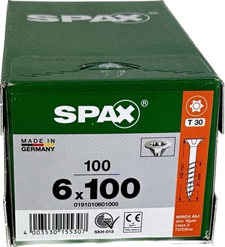 Wkręty uniwersalne do drewna 6 x 100mm SPAX WIROX BIT T-30 stożek 100szt