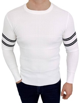 Bialy sweter meski w paski stylovy CHL9010 - XXL