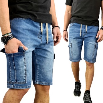 SPODENKI męskie JEANSOWE MOCNE BOJÓWKI krótkie spodnie PAS z GUMKĄ 049 - S