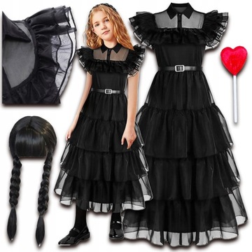 STRÓJ WEDNESDAY ADDAMS PERUKA KARNAWAŁOWY DLA DZIEWCZYNKI 116 / 122 M