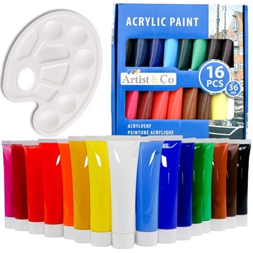 Farby AKRYLOWE ZESTAW FARB 16szt x 36 ml + PALETKA