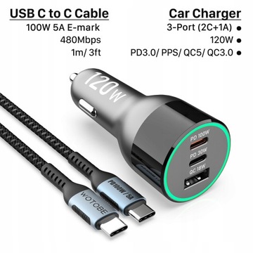 120W ładowarka samochodowa USB C, QC5 PD 100W P