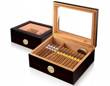 RĘCZNIE WYKONANY HUMIDOR PUDEŁKO NA CYGARA Z NAWIL. + HIGROMETR
