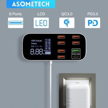 ASOMETECH 8-portowa stacjonarna stacja ładująca USB z