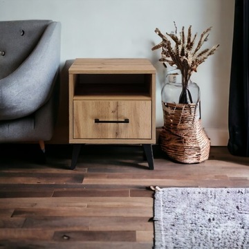 Стол, Прикроватная тумбочка с ящиком, ЛОФТ, Светодиодная лампа, ДУБ ВОТАН, Спальня