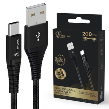Mocny kabel USB-C - USB-A 2m w oplocie Szybkie ładowanie 3A typ C QC 15W 6.