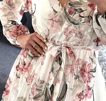Sukienka damska wyszczuplająca midi elegancka szyfonowa plisowana rekaw