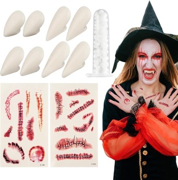 ZĘBY SZTUCZNE KŁY NA HALLOWEEN 4 PARY + 2 BLIZNY AKCESORIA DO STROJU
