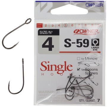 Haczyki Owner SINGLE HOOK nr 4 Black Nickel z oczkiem do czeburaszki 7 szt
