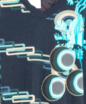Granatowa bawełniana bluzka tunika ornamenty twarz Desigual L