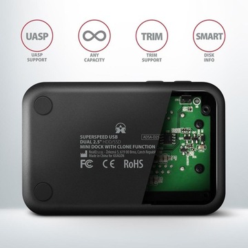 Док-станция USB-A 3.2 Gen1 для 2 твердотельных/жестких дисков SATA 6 Гбит/с 2,5 дюйма с функцией клонирования