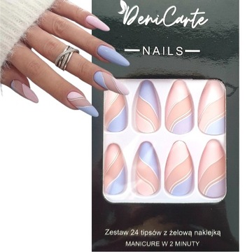 PAZNOKCIE SZTUCZNE TIPSY MIGDAŁ KOLOROWE PASTELOWE SWIRL SAMOPRZYLEPNE 24