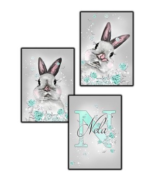 3 szt królik metryczka mięta piwonie plakat a4