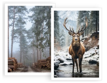 zestaw 2 obrazy 50x70 PLAKAT ZIMOWY ŚWIĄTECZNY ŚWIĘTA ZIMA JELEŃ P2336