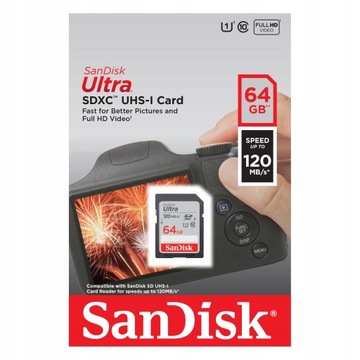 Быстрая карта памяти SDXC SANDISK 64 ГБ C10 120 МБ/с