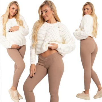 LEGGINSY CIĄŻOWE W PRĄŻEK BAWEŁNIANE GETRY BEŻ6XL