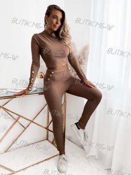 Komplet prążkowany guziki crop top legginsy CAMEL