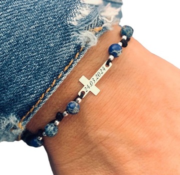 Pamiątka komunii bransoletka RÓŻANIEC KRZYŻ srebro jaspis GRAWER TWÓJ TEKST