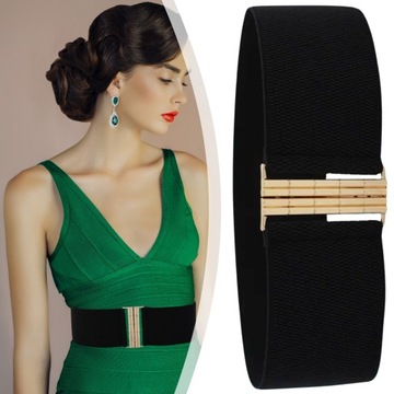 Pasek damski elastyczny czarny guma talia prosty złoty szeroki do sukienki