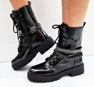 SEASTAR CZARNE LAKIEROWANE BOTKI BUTY TRAPERY 38