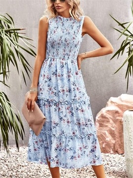 Sukienka Boho Kwiaty midi r. XL błękit