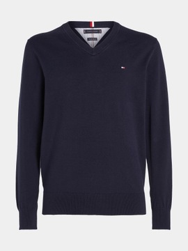 sweter meski tommy hilfiger granat w serek elegancki małe logo bawełniany