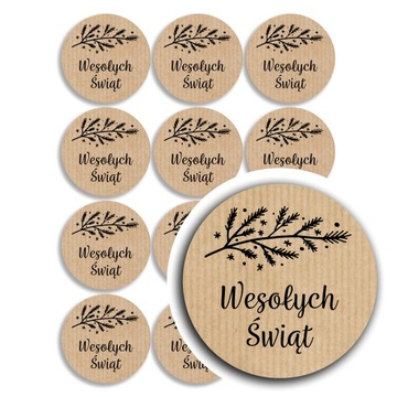 24x naklejki świąteczne wesołych świąt, Boże Narodzenie gałązka kraft 35mm