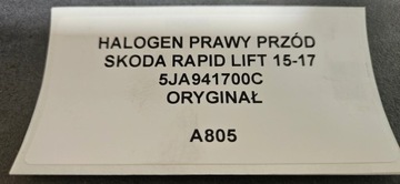 HALOGEN PRAVÝ PŘEDNÍ SKODA RAPID FACELIFT 15-17