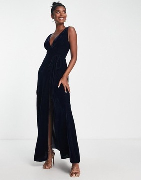 Asos Design oyh granatowa SUKIENKA WIĄZANIE WELUROWA maxi NG3 XXS