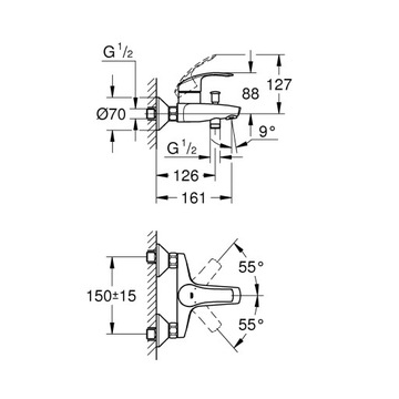 НАСТЕННЫЙ СМЕСИТЕЛЬ ДЛЯ ВАННЫ GROHE EUROSMART, ХРОМ