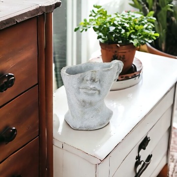 ЦВЕТОЧНЫЙ ГОРШОК КРЫШКА ГОЛОВЫ БЕТОННАЯ СКУЛЬПТУРА ВИНТАЖНАЯ АНТИЧНАЯ ВЫСОТА 19 СМ