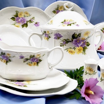 675 SERWIS OBIADOWY 12/45 Bratki KAMELIA CHODZIEŻ MALCER PORCELANA