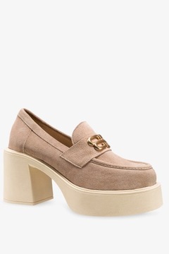 БЕЖЕВЫЕ КОЖАНЫЕ МОКАСИНЫ ТУФЛИ НА ШИРОКОМ КАБЛУКЕ МОДНЫЙ ДЕКОР размер 37