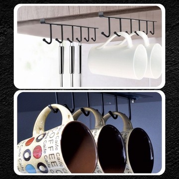 Вешалка-держатель под кухонный шкаф для чашек, черная, крючки без сверления